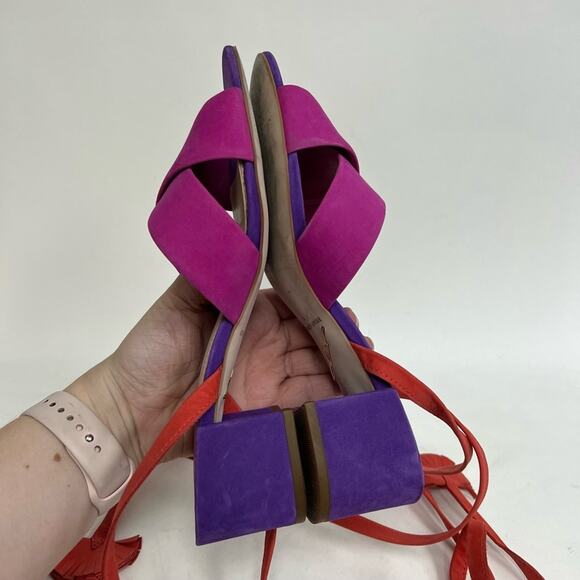 Brian Atwood Astor Colorblock Lace Up Sandals Pink Purple Suede Heels Size 7 - Picture 8 of 9
